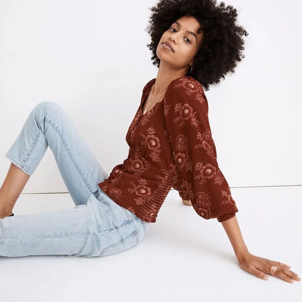 Madewell Preston Puff-Sleeve Top in Letterpress Floral Stained Mahogany Size‎ S